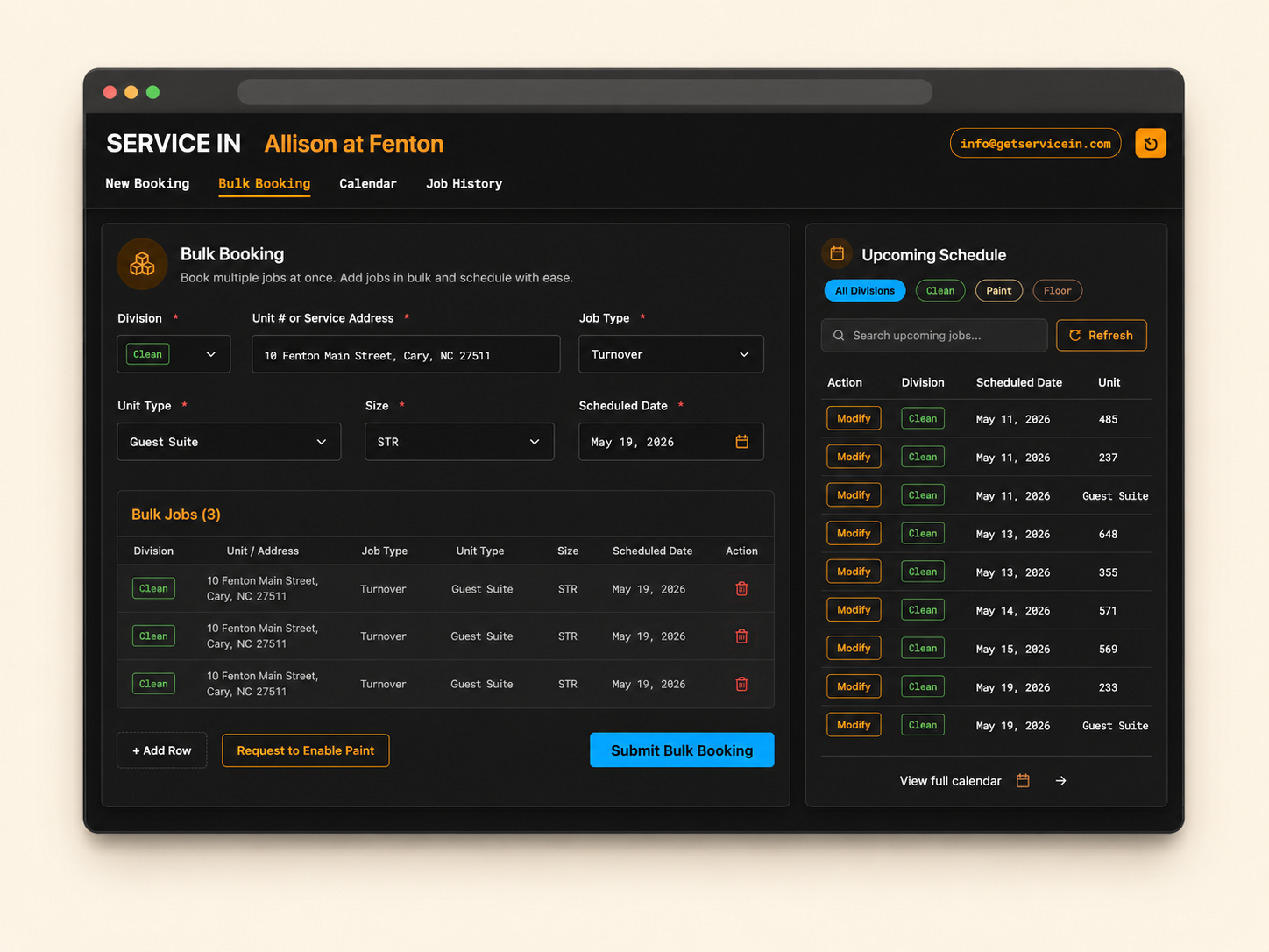 Service In client portal — bulk booking and scheduling