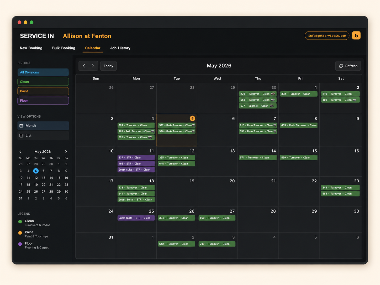 Service In client portal — live monthly service calendar